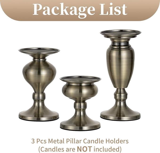 Sziqiqi Pillar Candle Holder Bronze: Vintage Metal Candle Holder for Table Centerpiece - Antique Candle Stand Set of 3 for Living Room Fireplace Dining Christmas Wedding Decorations