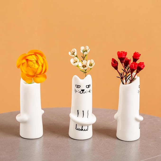 Set of 3 Cat Flower Vase Bud Ceramic Mini Handmade Tiny Vases for Home Decor, Wedding Party, Birthday Gift - Unique, Cute and Aesthetic Miniature Vases - Japanese Trendy, Pretty and Bulk