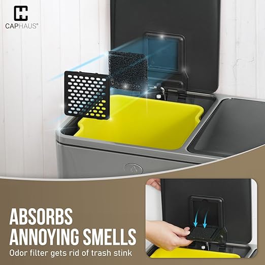 CAPHAUS Dual Trash Can with Double Lid, Trash and Recycle Bins Combo, Hands-Free Stainless-Steel Garbage Can for Kitchen, with 2 Compartment, Hinged Lid, Odor Filters, Handles, 30L+30L, 2 x 8 Gallon