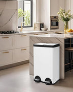 60L Dual Compartment Stainless Steel Trash Can, 16 Gallon White Kitchen Garbage Bin with Silent Sealed Lids, Pedal & Recyclable Waste Bins for Home/Office
