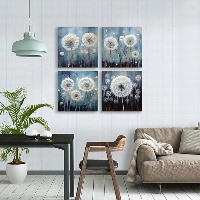 RUISHI Canvas Wall Art For Bathroom Abstract Dandelion Painting for Living Room Girls Bedroom Modern Abstract Flower Prints Artwork Home Office Decoration 12L x 12W