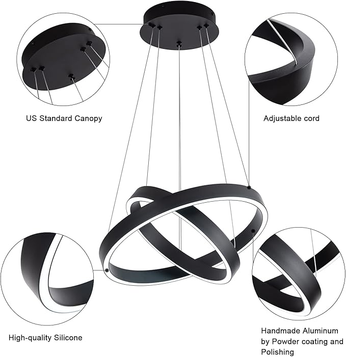 MADEM Room Decor Modern LED Pendant Light 2-Ring Circular Contemporary Chandelier Flush Mount Pendant Lighting for Living Dining Room Bedroom, 6000K Cool White, 36W, Black