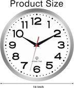 Atomic Wall Clock 14 Inch, Modern Clock Battery Operated Classic Analog Decorative for Kitchen, Living Room, Office, Bedroom, Bathroom (Silver)