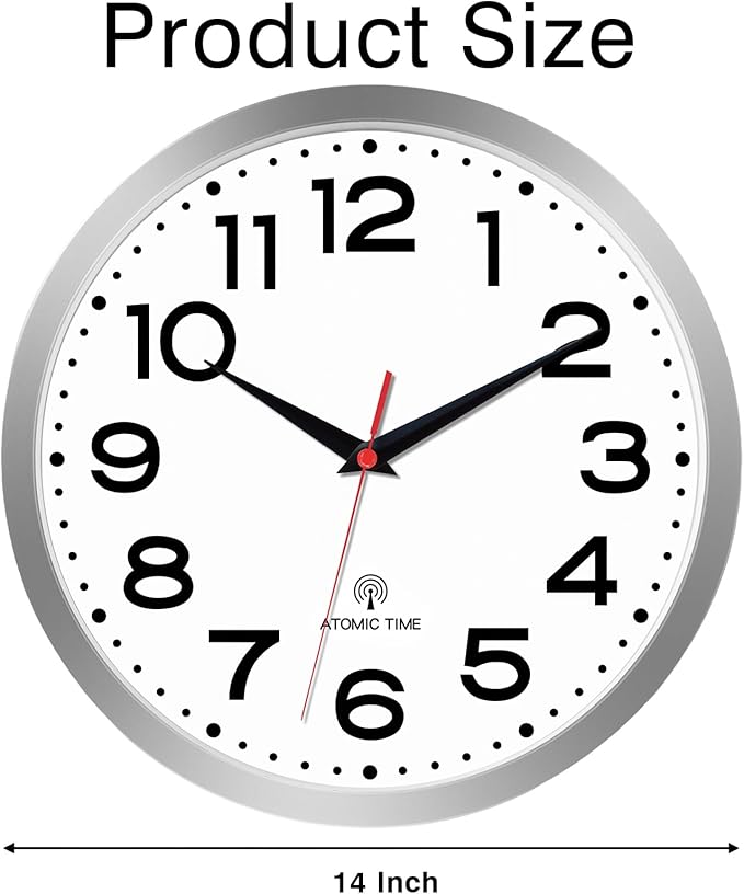 Atomic Wall Clock 14 Inch, Modern Clock Battery Operated Classic Analog Decorative for Kitchen, Living Room, Office, Bedroom, Bathroom (Silver)