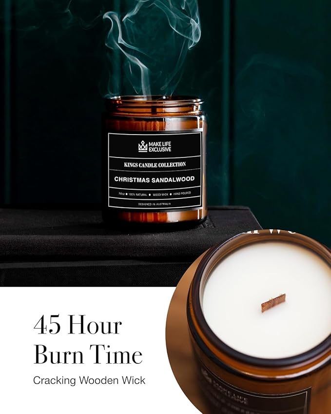 Scented Candles for Men | Christmas Sandalwood | Wooden Wick, Long Lasting, Masculine Scents | Natural Soy Jar Candle for Home, Bacehlor Pad Decor | The Perfect Mens Gift