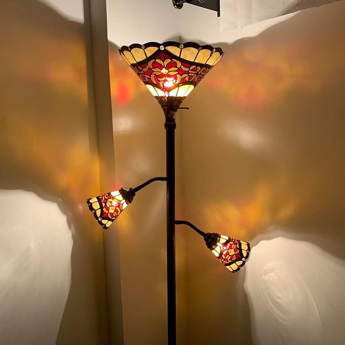 Bieye L10868 Tiffany Style Stained Glass 3-Light Torchiere Floor Lamp with Sidelights for Reading, 70-inches Tall (Baroque, Red)