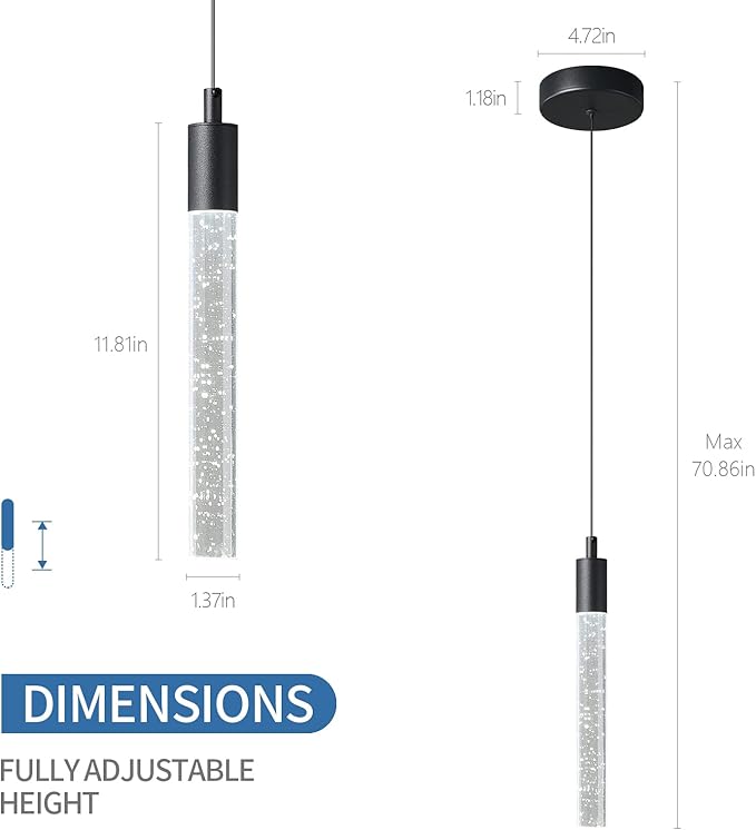 Modern Kitchen Island Pendant Light Dimmable LED Black Finish Mini Crystal Pendant Lighting Bedroom Bedside Table Small Pendant Lights（1-Pack）