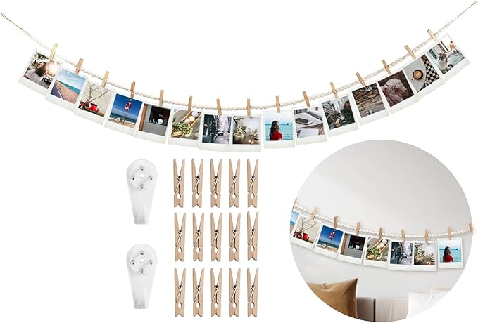Hanging Photo Display Wall Decor with 15 Wood Clips, 67 Inches Boho Wooden Bead Garland Collage Picture Frame Photos String DIY, Photo Hanger for Bedroom Office Dorm Room Decor Gifts(1PCS)