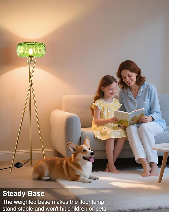 Lightdot Glass Tripod Floor Lamp for Living Room, Modern Gold Standing Lamp with Green Ribbed Glass Lampshade, Arc Tall Lamp for Bedroom Office Reading Room, (LED Bulb Included)