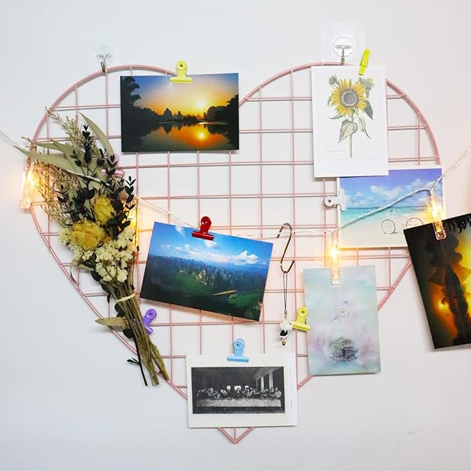 Grid Photo Wall Panels - 22.4"x20.4" Heart Shape Iron Rack Art Wire Board, Wall Grid Organizer, DIY Photo Frame for Home, Office, Kitchen, Bedroom, Christmas Gifts - Pink
