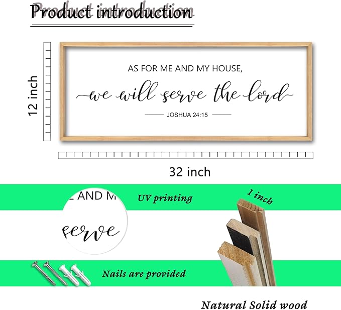 ZZJJHYWGQ As For Me And My House We Will Serve The Lord Wall Decor Art 32" x 12" Large Bible Verse Sign for Bedroom Christian Wood Framed Wall Hanging (Wood)