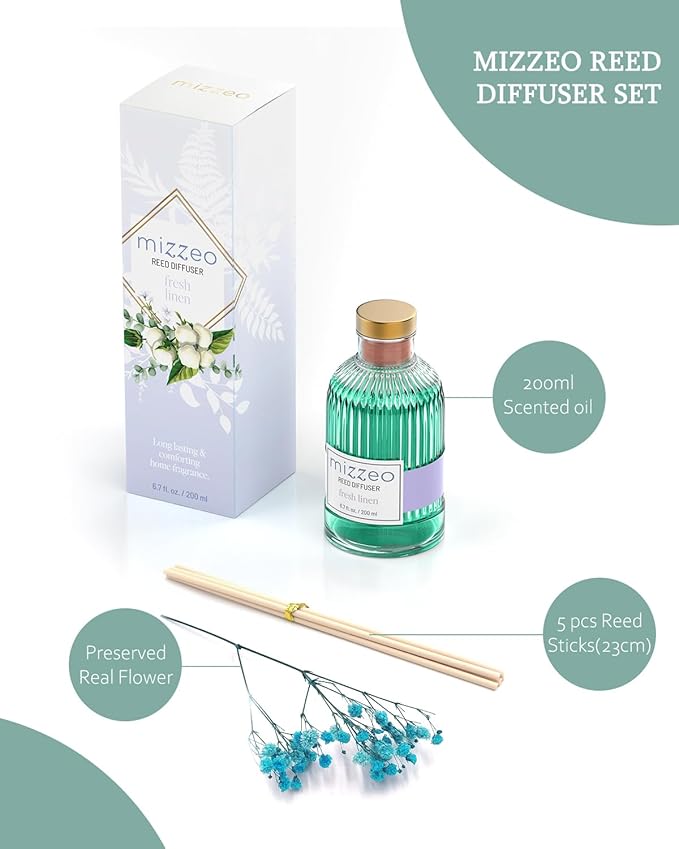 MIZZEO Reed Diffuser Set, Clean Linen 6.76 fl oz Highly Scented Room Diffuser Home Fragrance Essential Oil Reed Flower Diffuser, House Bedroom Office Decor & Gifts