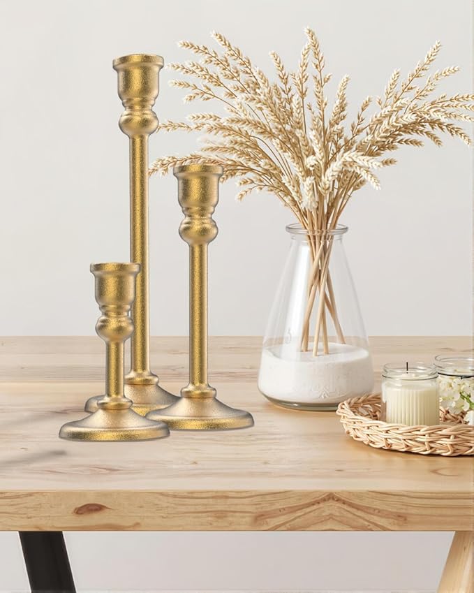 3-Piece Metal Candle Holders Set - Heavy Duty Alloy Taper Candlesticks for Table Centerpiece, Christmas, Dinner Party, Vintage Home Decor - 5-7.5 -10.3Inch Tall, Antique Gold Finish (Gold)