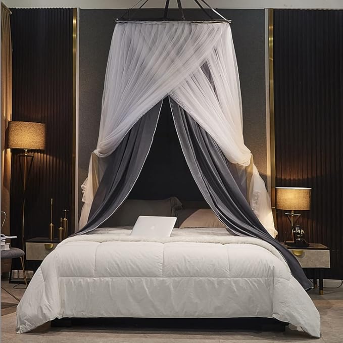 Kertnic Luxurious Bed Canopy for Girls & Adults - Double Layer Princess Canopy with Lace, Round Dome Mosquito Netting for Queen/King Bed Tent (New Gray)