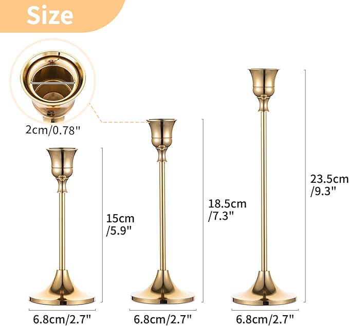 Candlestick Holders Taper Candle Holders, Set of 3 Candle Stick Holders Set, Brass Gold Candlestick Holder Set, Vintage Modern Decorative Centerpiece for Table Mantel Wedding Housewarming Gift
