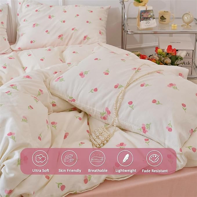 Floral Comforter Set Twin Size - 2 Pieces Pink White Floral Comforter Bedding Sets Tulips Pattern,Twin Bed in a Bag with Heart Comforter and 1 Pillowcase