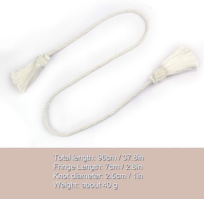 Fenghuangwu Curtain Tiebacks Handmade Decorative Curtain Holdbacks Rope with Tassel (White, 4P)