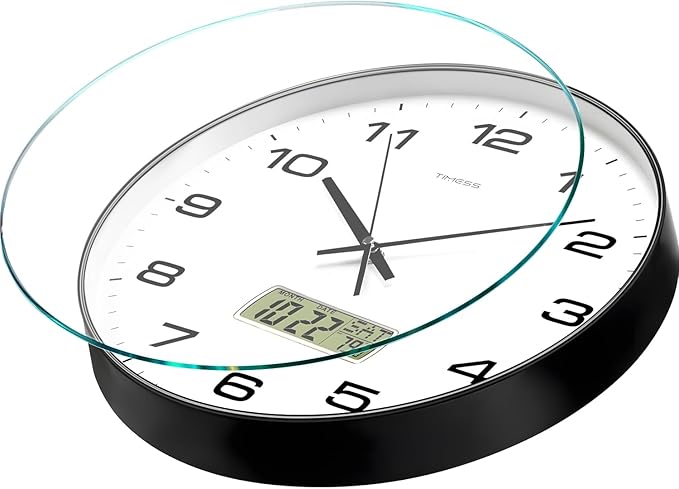 Wall Clock, 13" Dial Non-Ticking Silent Battery Operated Analog with LCD Display for Perpetual Calendar and F° Temperature, Ideal Modern Home, Bedroom, Kitchen, Office Decor(Black)