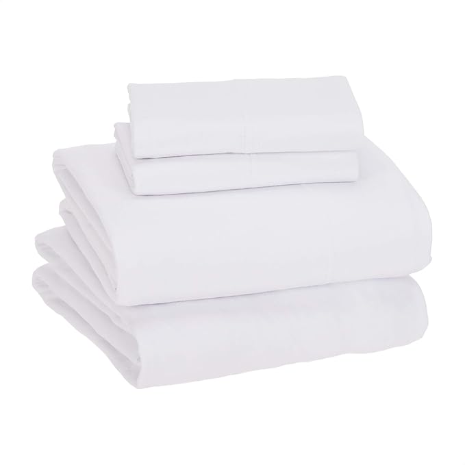 Amazon Basics 4 Piece Bed Sheet Set, 100% Cotton Jersey, Includes Super Soft, Flat and Fitted Sheets, Pillowcase, Full, White, Solid