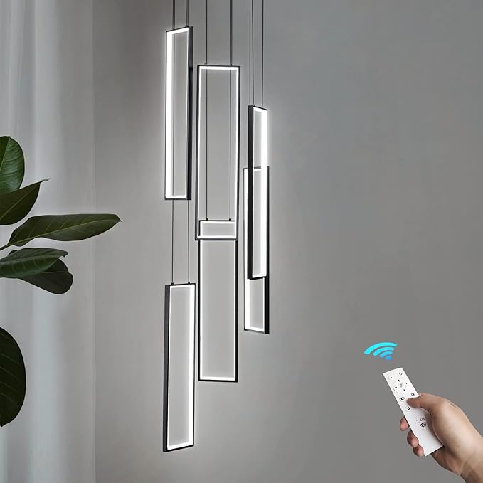 Modern Kitchen Island Dimmable Pendant Light Fixture - Black 108W LED Pendant Lights 6 Rings Rectangular Chandelier for Staircase, Large Ceiling, Lobby, Living Room, Foyer