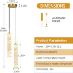 LMQNINE Natural Alabaster Pendant Lights for Kitchen Island White Marble Long Tube Chandelier Modern Gold Ceiling Light Fixtures for Bedroom Dining Room Table Living Room Hallway(M-2Light)