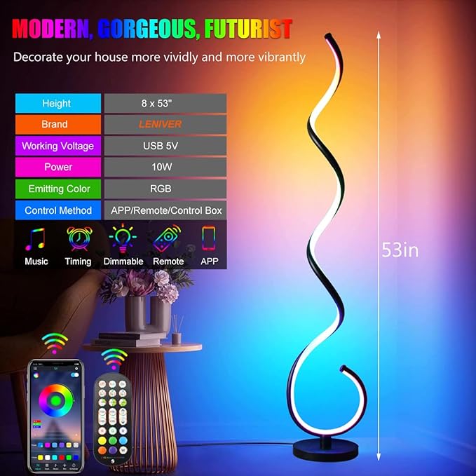 LENIVER RGB Spiral Floor Lamp, Smart RGB Corner Floor Lamp with Remote APP Control, Modern Color Changing Corner Lamp Dimmable Floor Lamp for Living Room, Bedroom, Gaming Room