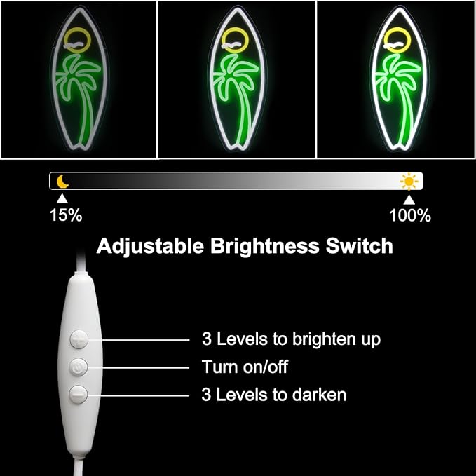 Surfboard Neon Sign Palm Tree Seagull Sun Neon Lights for Bedroom Surfing LED Sign Tropical Landscape Dimmable Neon Light Up Sign for Living Room Bar Man Cave Beach Decor Surfer Gifts