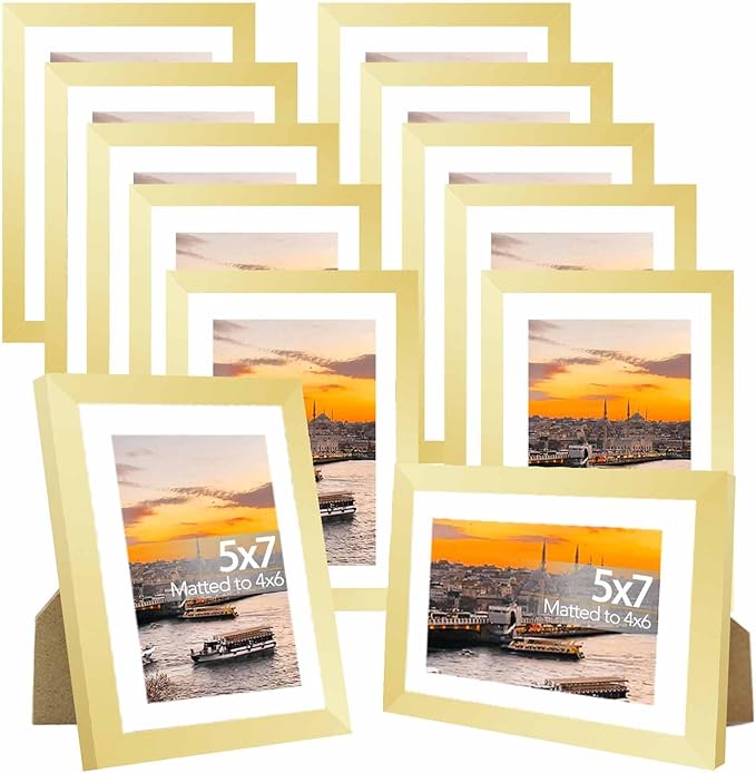 12 Packs 5x7 Picture Frames Bulk, Display 4x6 with Mat or 5x7 Without Mat, Gold Gallery Frame Set, 5 by 7 Frames Bulk Set of 12, Collage Wall Decor Photo Frame Set for Wall and Tabletop, Gold