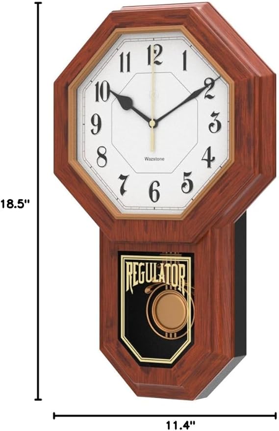 Classic Antique Mini Pendulum Wall Clock, Wood Simulated Vintage Bronze Texture, Non Ticking Silent Sweep Quartz Movement, Width 11.4”, Length 18.5”, Retro Rustic Country Style, Plastic Frame