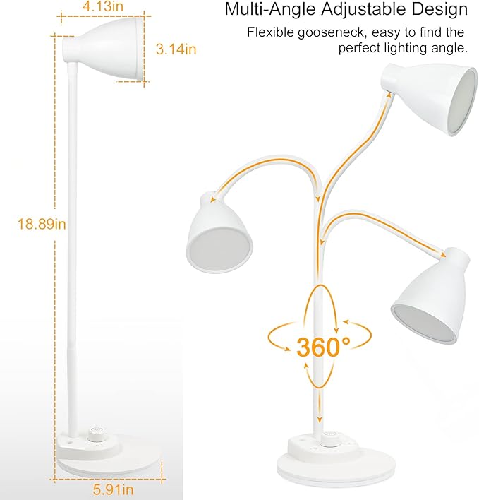 BOHON LED Desk Lamp with USB Charging Port, 3 Color Modes Dimmable Reading Lamp, Auto Dimming Task Lamp, Flexible Gooseneck Table Light for Dorm Bedside, Adapter Include, White