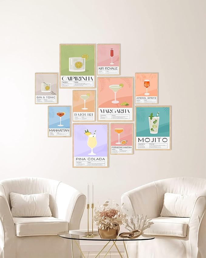 KBKBART Vintage Cocktail Poster Set of 10, Retro Bar Cart Accessories, Colorful Cocktail Wall Art, Funky Drink Aesthetic Pictures for Bar Cart Decor, Preppy Bar Art Prints for College Dorm Apartment - Unframed