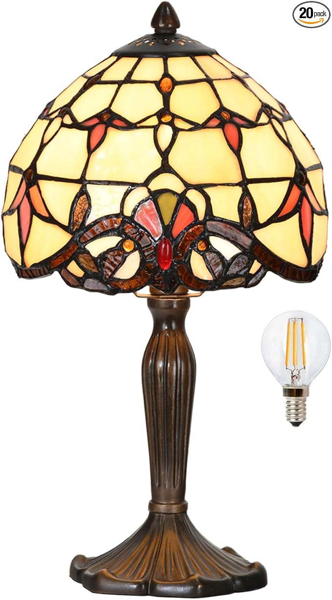 TL0007 Tiffany Lamp Baroque Design Stained Glass Table Lamp 8" D x 14.25" H for Living Room Bedroom Bedside Nightstand Home Office, LED Bulb Included (Beige Baroque)