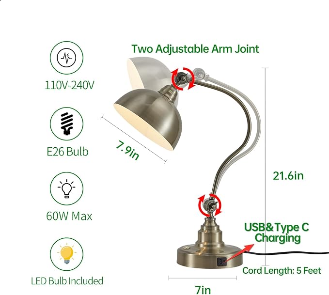 Vintage Desk Lamp Decorative Table Lamp for Home Office Living Room Bedroom Desk Light, Rustic Industrial Farmhouse Antique Library Study Desk Lamp E26 LED Bulb Included