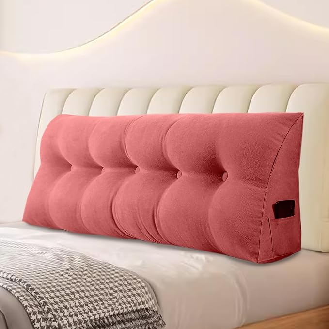 Large Triangular Headboard Pillows Long Backrest Positioning Support Bolster Cushion for Daybed Fluffy Quality Plush Body Wedge Pillow with Removable Cover(Rusty Red -King-76x8x20in)