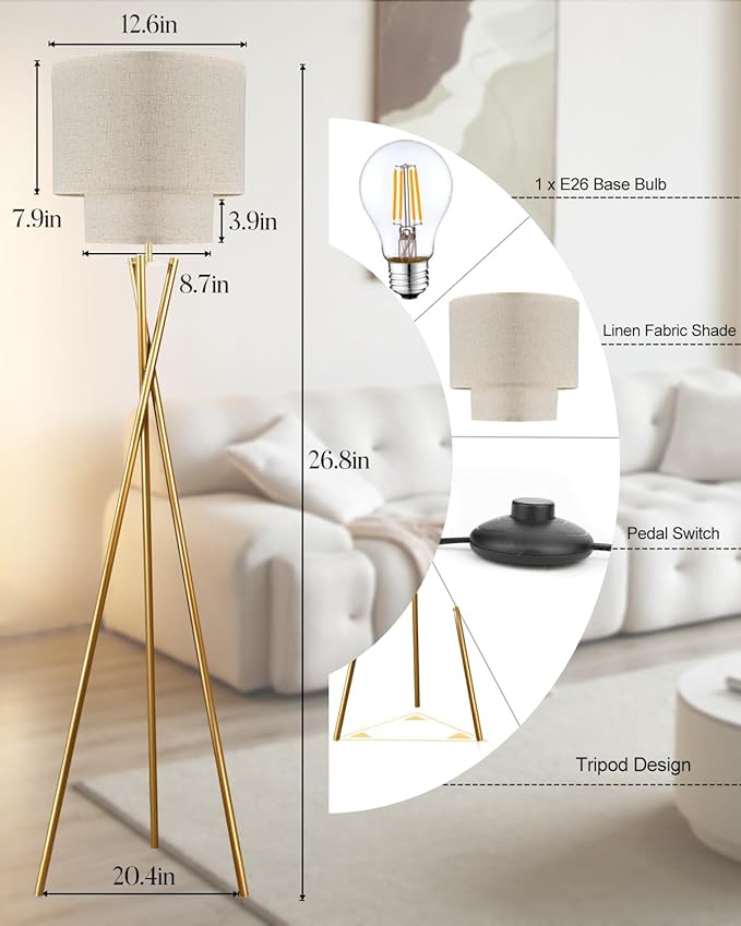 Lightdot Glod Tripod Floor Lamp, Modern Floor Lamps for Living Room, Standing Lamp with Dual Drum, E26 Bulb Included, 67.7" Tall Floor Lamp for Bedroom, Home Office