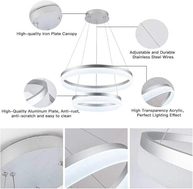 LED Silver Chandeliers Modern Pendant Light, 2 Rings Dimmable Chandelier Lighting Fixture for Living Room Bedroom Kitchen Island Resturant Dining Room 6000K Cool White