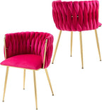Nrizc Woven Dining Chairs Set of 2, Velvet Upholstered Dining Chairs with Gold Metal Legs, Modern Accent Chairs for Living Room, Dining Room, Kitchen (Rose Red)