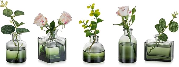 Glasseam Green Glass Bud Vase: Mini Small Vases for Centerpieces Cute Flower Vase Set of 5 Tiny Vases for Flowers Decorative Centerpiece Decor Table Wedding Party Dining Room Decoration