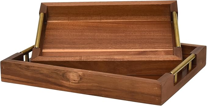 Set of 2 Acacia Wood Serving Trays with Gold Metal Handles for Food Serving, Appetizers & Snacks - Ideal for Bed, TV, Ottoman or Coffee Table Décor, Home Decoration Accessory 15.75x11.8 Inch