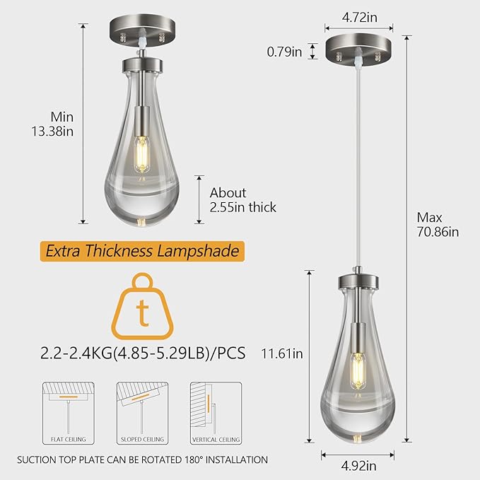Raindrop Pendant Lights Kitchen Island Teardrop Nickel Hanging Light Fixtures Clear Solid Glass Pendant Light Modern Chandeliers for Dining Room Porch Corridor Living Room(1-Pack)