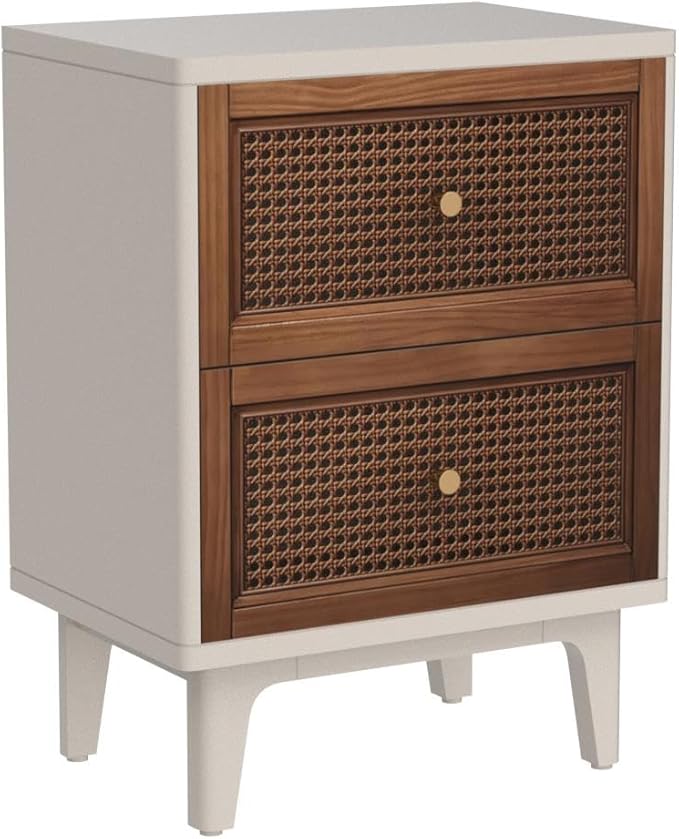 COZAYH Fully-Assembled 2-Drawer Woven Cane Front Accent Nightstand with Brass Knobs, Distressed White