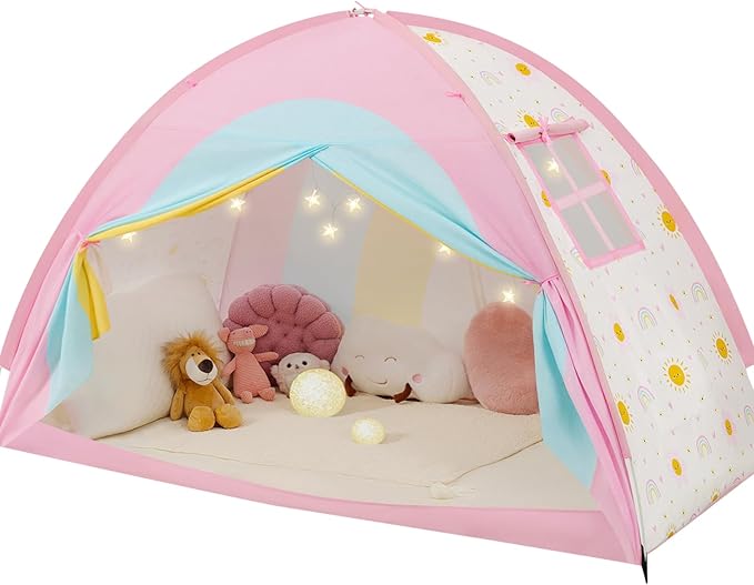 Twin Bed Tent for Kids, Twin Size Bed Canopy with Star Lights, Privacy Space Blackout Sleeping Tents, Indoor Breathable Portable Bunk Bed Tent for Girls, Rainbow