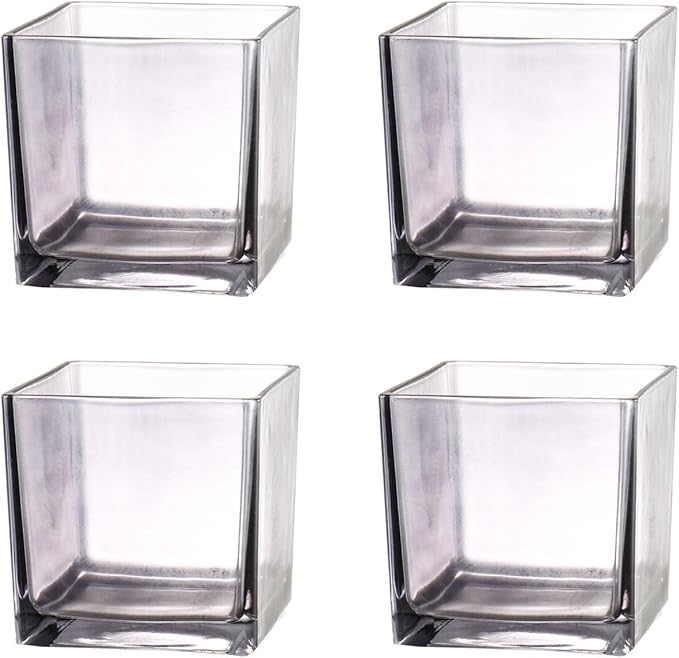 Square Glass Vases Set of 4, 4"x 4"x 4" Flower Vases for Centerpieces, Grey Glass Vase for Flowers, Small Vase for Wedding, Party, Home Office Decoration