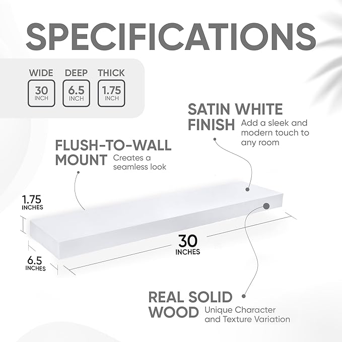 Homeforia White Floating Shelves 30 inch, High End Solid Real Wood 30inch Floating Shelf for Wall Mounted, White Wooden 30in Long Floating Shelves, Heavy Duty Bracket, 30 X 6.5 X 1.75 inches, Set of 2