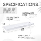 Homeforia White Floating Shelves 30 inch, High End Solid Real Wood 30inch Floating Shelf for Wall Mounted, White Wooden 30in Long Floating Shelves, Heavy Duty Bracket, 30 X 6.5 X 1.75 inches, Set of 4