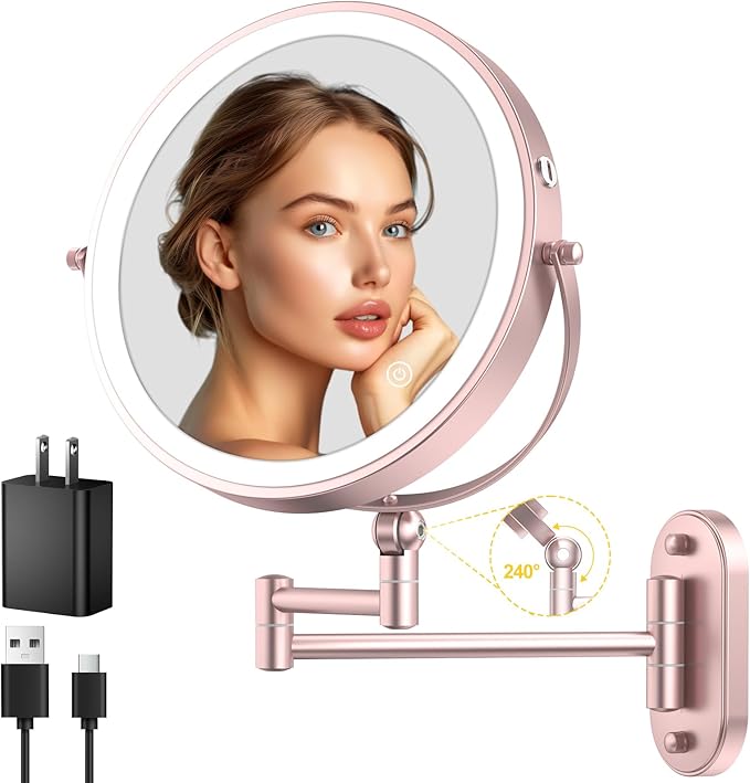 9" Wall Mounted Lighted Makeup Mirror,4000mAh Rechargeable Double Sided 1X/10X Magnifying Mirror with Light,3 Color Lights,Touch Dimmable,Extended Arm 360 Rotation Wall Mounted Makeup Mirror