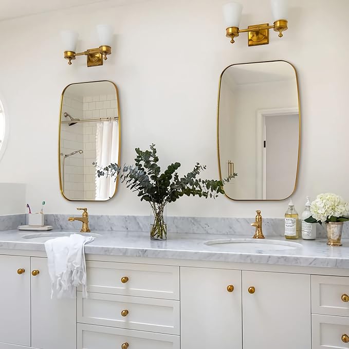 ANDY STAR Gold Bathroom Mirror, 20x30’’ Brushed Gold Vanity Mirror for Bathroom, Brushed Brass Oblong Stainless Steel Metal Frame Mirror for Over Sink