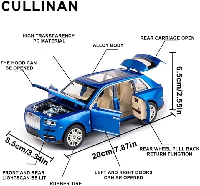 EROCK Exquisite Car Model 1/24 Rolls-Royce CULLINAN Model Car Toy, Zinc Alloy Pull Back Car Toy with Sound and Light for Kids Boy Girl Birthday Gift Children's Day Gift (Blue-CULLINAN)