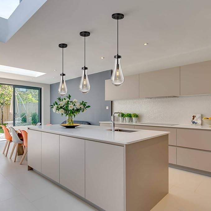 Raindrop Pendant Lights Kitchen Island Teardrop Black Hanging Light Fixtures Clear Solid Glass Pendant Light Modern Chandeliers for Dining Room Porch Corridor Living Room…