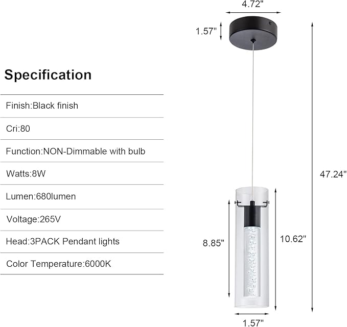 3-Pack Mini Pendant Lights, Pendant Lighting for Kitchen Island with 24W CRI80 1920Lumen 6000K Black Finish for Kitchen Restaurant, Dining Room